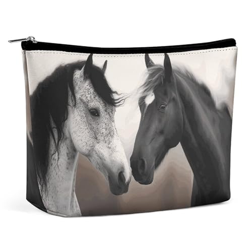 QMNBTES Reise-Make-up-Tasche mit schwarzen und weißen Pferden, große Kulturtasche für Damen, wasserdichte Kosmetiktasche für Geldbörse, tragbare Make-up-Organizer, niedliche Reißverschlusstasche von QMNBTES