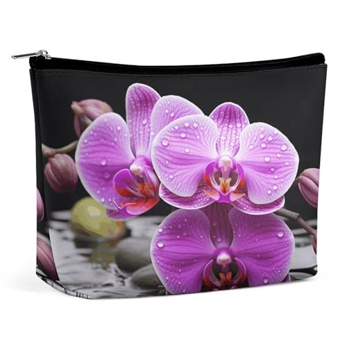 QMNBTES Reise-Make-up-Tasche mit violetter Orchidee, große Kulturbeutel für Damen, wasserdichte Kosmetiktasche für Geldbörse, tragbar, Make-up-Tasche, niedlicher Reißverschluss, Kosmetiktasche von QMNBTES