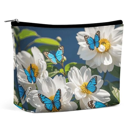 Reise-Make-up-Tasche mit weißen Blüten, blaue Schmetterlinge, große Kulturtasche für Damen, wasserdichte Kosmetiktasche für Geldbörse, tragbare Make-up-Organizer, niedliche Reißverschlusstasche von QMNBTES