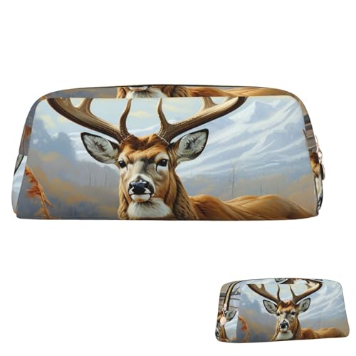 QMNEHJ Federmäppchen, großes Fassungsvermögen, PU-Leder, Stifteetui, Buck Deer, kleiner Reißverschluss, Schreibwaren-Tasche, ästhetische Stifttasche, tragbare Make-up-Tasche für Männer und Frauen von QMNEHJ