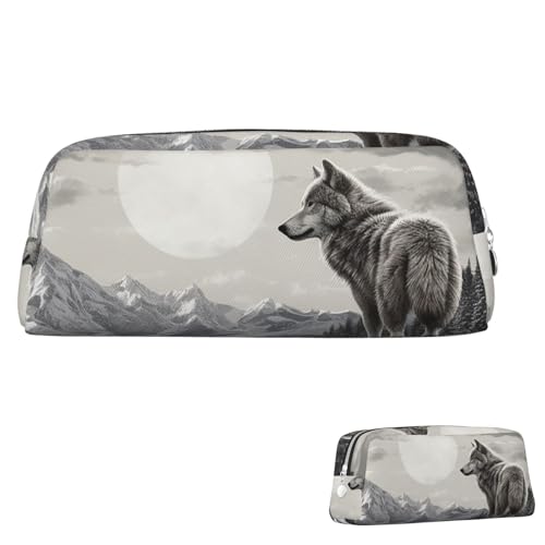 QMNEHJ Federmäppchen mit großem Fassungsvermögen, PU-Leder, Federmäppchen, Schnee, Berg, einsamer Wolf, kleiner Reißverschluss, Schreibwaren-Tasche, ästhetische Stifttasche, tragbare Make-up-Tasche von QMNEHJ