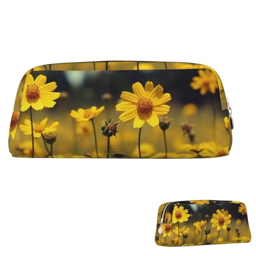 QMNEHJ Federmäppchen mit großem Fassungsvermögen, PU-Leder, Federmäppchen, Sommer, gelbe Blumen, kleiner Reißverschluss, Schreibwaren-Tasche, ästhetische Stifttasche, niedliche Bleistiftbox, tragbare von QMNEHJ