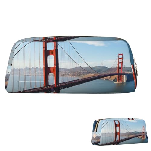 QMNEHJ Federmäppchen mit großem Fassungsvermögen, PU-Leder, San Francisco Golden Gate Bridge, kleiner Reißverschluss, Schreibwaren-Tasche, ästhetische Stifttasche, tragbare Make-up-Tasche für Männer von QMNEHJ