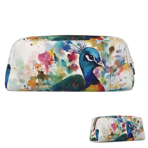 QMNEHJ Federmäppchen mit großem Fassungsvermögen, PU-Leder, Stifteetui, Aquarell-Pfau, kleiner Reißverschluss, Schreibwaren-Tasche, ästhetische Stifttasche, tragbare Make-up-Tasche für Männer und von QMNEHJ