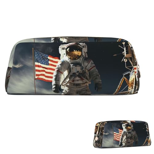 QMNEHJ Federmäppchen mit großem Fassungsvermögen, PU-Leder, Stifteetui, Astronaut, Landung auf dem Mond, kleiner Reißverschluss, Schreibwaren-Tasche, ästhetische Stifttasche, tragbare Make-up-Tasche von QMNEHJ