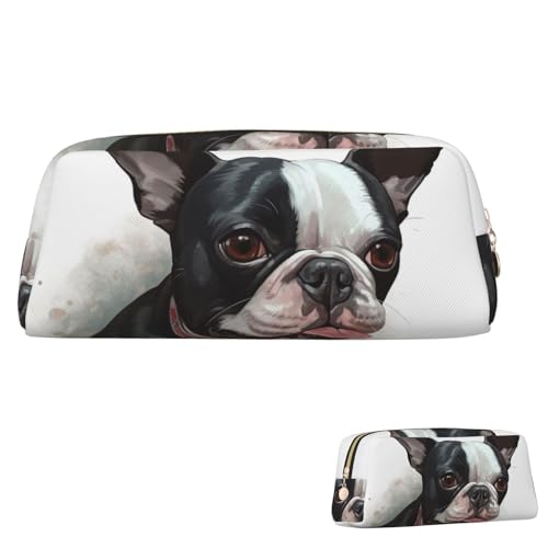 QMNEHJ Federmäppchen mit großem Fassungsvermögen, PU-Leder, Stifteetui, Boston Terrier, kleiner Reißverschluss, Schreibwaren-Tasche, ästhetische Stifttasche, tragbare Make-up-Tasche für Männer und von QMNEHJ