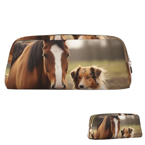 QMNEHJ Federmäppchen mit großem Fassungsvermögen, PU-Leder, Stifteetui, Collie, Hund und Pferd, kleiner Reißverschluss, Schreibwaren-Tasche, ästhetische Stifttasche, tragbare Make-up-Tasche für Männer von QMNEHJ