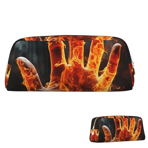 QMNEHJ Federmäppchen mit großem Fassungsvermögen, PU-Leder, Stifteetui, Feuer, Flamme, Hand, kleiner Reißverschluss, Schreibwaren-Tasche, ästhetische Stifttasche, tragbare Make-up-Tasche für Männer von QMNEHJ