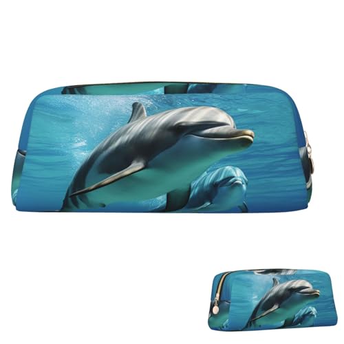 QMNEHJ Federmäppchen mit großem Fassungsvermögen, PU-Leder, Stifteetui, Marine-Delfin, kleiner Reißverschluss, Schreibwaren-Tasche, ästhetische Stifttasche, tragbare Make-up-Tasche für Männer und von QMNEHJ