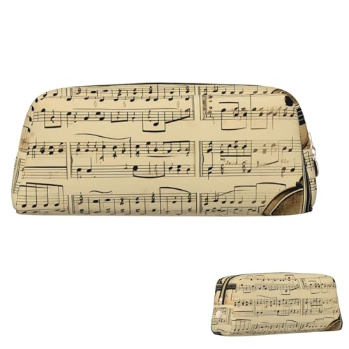 QMNEHJ Federmäppchen mit großem Fassungsvermögen, PU-Leder, Stifteetui, Musiknoten auf altem Papier, kleiner Reißverschluss, Schreibwaren-Tasche, ästhetische Stifttasche, niedliche Bleistiftbox von QMNEHJ