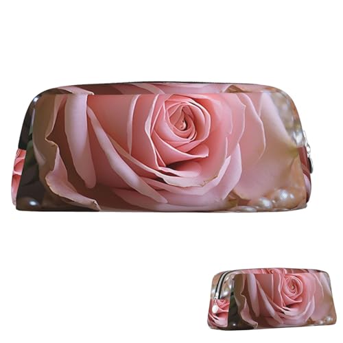QMNEHJ Federmäppchen mit großem Fassungsvermögen, PU-Leder, Stifteetui, Rose und Perlen, kleiner Reißverschluss, Schreibwaren-Tasche, ästhetische Stifttasche, tragbare Make-up-Tasche für Männer und von QMNEHJ