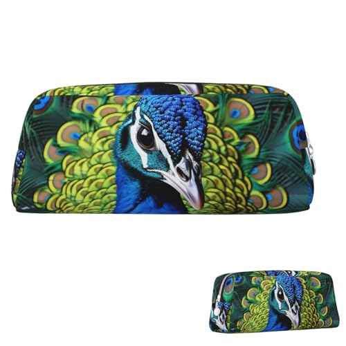 QMNEHJ Federmäppchen mit großem Fassungsvermögen, PU-Leder, Stifteetui, blauer Pfau, kleiner Reißverschluss, Schreibwaren-Tasche, ästhetische Stifttasche, tragbare Make-up-Tasche für Männer und Frauen von QMNEHJ