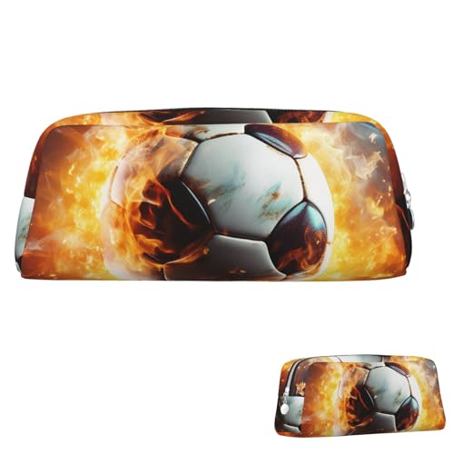 QMNEHJ Federmäppchen mit großem Fassungsvermögen, PU-Leder, Stifteetui, brennender Fußball, kleiner Reißverschluss, Schreibwaren-Tasche, ästhetische Stifttasche, tragbare Make-up-Tasche für Männer und von QMNEHJ