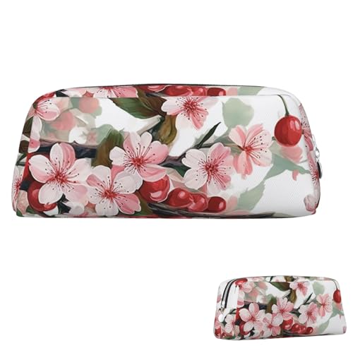 QMNEHJ Federmäppchen mit großem Fassungsvermögen, PU-Leder, Stifteetui, realistische Kirschblumen, kleiner Reißverschluss, Schreibwaren-Tasche, ästhetische Stifttasche, niedliche Bleistiftbox von QMNEHJ