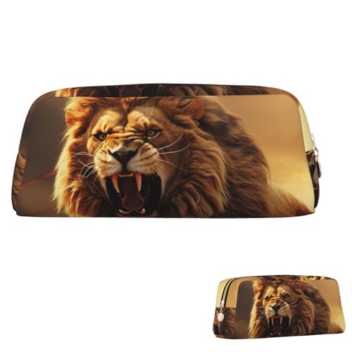 QMNEHJ Federmäppchen mit großem Fassungsvermögen, PU-Leder, Stifteetui, wütender brüllender Löwe, kleiner Reißverschluss, Schreibwaren-Tasche, ästhetische Stifttasche, tragbare Make-up-Tasche für von QMNEHJ