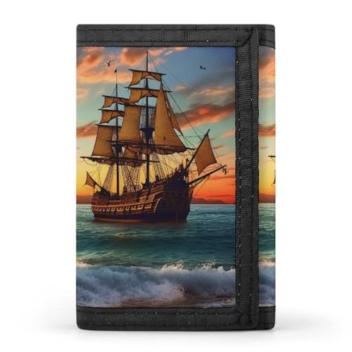 Piratenschiff im Sonnenuntergang, dreifach gefaltete Geldbörse, schmale Geldbörse, personalisierbar, RFID-blockierend, für Damen und Herren, Einheitsgröße, Stil:, Einheitsgröße von QMNRTK