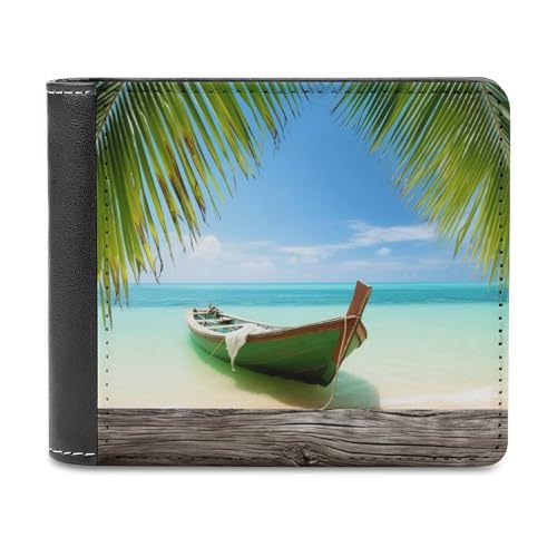 QMNRTK Seaside Boat Geldbörse aus Kokosnuss-Blättern, Leder, Bifold Wallet für Herren und Damen, RFID-blockierend, extra Kapazität, ultrastarke Nähte, schlanke Geldscheinfach mit 8 Kartenfächern, von QMNRTK
