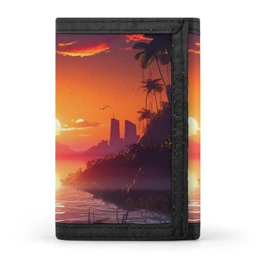 QMNRTK Sunset Island dreifach gefaltete Geldbörse, schlanke Brieftasche, personalisierbar, RFID-blockierend, für Damen und Herren, Einheitsgröße, Stil:, Einheitsgröße von QMNRTK