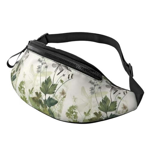 Mem modische Bauchtasche für Damen, Umhängetasche, Blattwerk und Kräuter mit Libellen, Flügeln, Gürteltasche mit verstellbarem Riemen, Hüfttasche von QMNSEHF