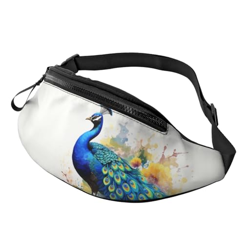 Mem modische Bauchtasche für Damen, Umhängetasche, Pfau, Aquarellmalerei, Gürteltasche mit verstellbarem Riemen, Schwarz, Einheitsgröße, Schwarz , Einheitsgröße von QMNSEHF