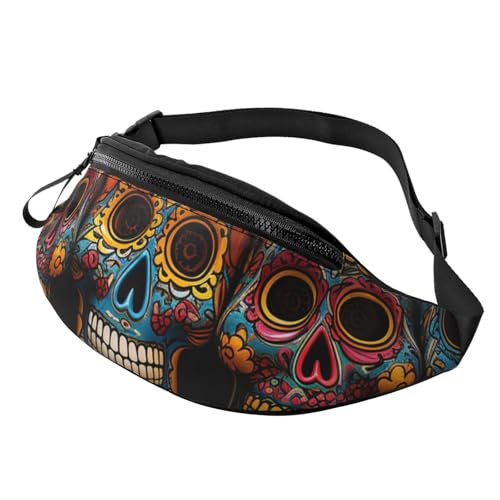 Mem modische Bauchtasche für Damen, Umhängetasche, bunte Totenköpfe, Gürteltasche mit verstellbarem Riemen, Schwarz, Einheitsgröße, Schwarz , Einheitsgröße von QMNSEHF