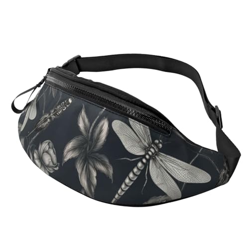 Mem modische Bauchtasche für Damen, Umhängetasche, schwarze Blumen und Libellen, Gürteltasche mit verstellbarem Riemen, Schwarz, Einheitsgröße, Schwarz , Einheitsgröße von QMNSEHF