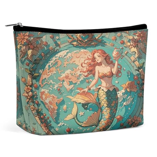 Make-up-Tasche im Vintage-Stil mit Meerjungfrauen, wasserdichte Kosmetiktasche, kleine Reißverschlusstasche, tragbare Reisetaschen für Toilettenartikel, niedliche Kosmetiktasche, Make-up-Organizer von QMNVBDS