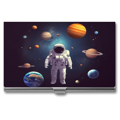 QMNVBDS Astronaut Sonnensystem Planeten Visitenkartenhalter Slim Visitenkartenetui für Damen Herren Metall Visitenkartenbox Visitenkartenhalter für Tasche Geldbörse Kleine Visitenkartenetui von QMNVBDS