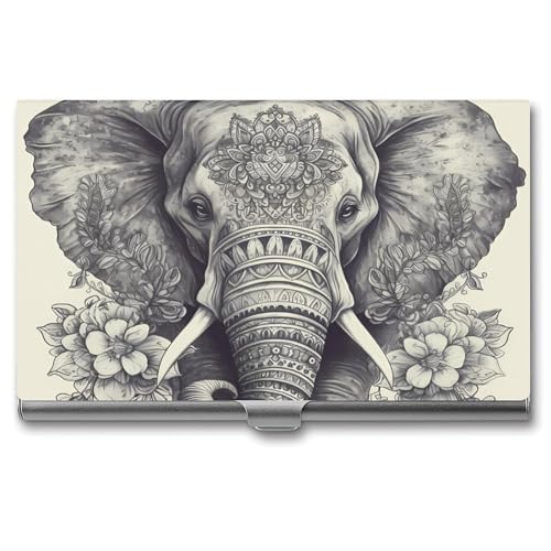 QMNVBDS Handgezeichneter Elefant Visitenkartenhalter Slim Visitenkartenetui für Damen Herren Metall Visitenkartenbox Visitenkartenhalter für Tasche Geldbörse Kleine Visitenkartenetui Einheitsgröße, von QMNVBDS