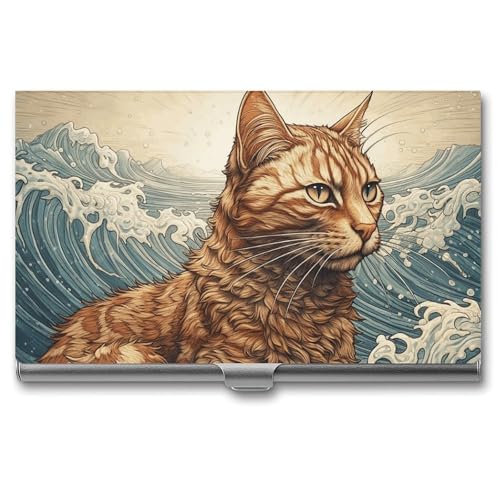 QMNVBDS Katze in den Wellen Visitenkartenetui Slim Visitenkartenetui für Damen Herren Metall Visitenkartenbox Visitenkartenhalter für Tasche Geldbörse Kleine Visitenkartenetui Einheitsgröße von QMNVBDS