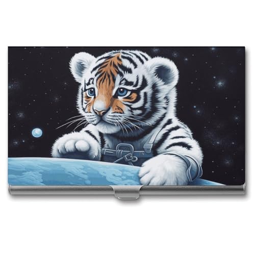 QMNVBDS Kleiner Tiger im Weltraum Visitenkartenetui Slim Visitenkartenetui für Damen Herren Metall Visitenkartenbox Visitenkartenhalter für Tasche Geldbörse Kleine Visitenkartenetui Einheitsgröße, von QMNVBDS