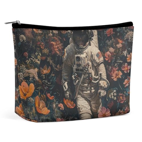 QMNVBDS Kosmetiktasche mit Astronauten und Blumen, wasserdichte Kosmetiktasche, kleine Reißverschlusstasche, tragbare Reisetaschen für Toilettenartikel, niedliche Kosmetiktasche, Make-up-Organizer von QMNVBDS