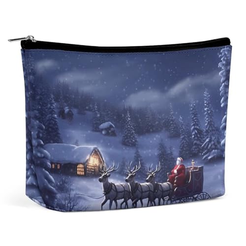 QMNVBDS Kosmetiktasche mit Weihnachtsmann und Hirsch, wasserdichte Kosmetiktasche, kleine Reißverschlusstasche, tragbare Reisetaschen für Toilettenartikel, niedliche Kosmetiktasche, Make-up-Organizer von QMNVBDS