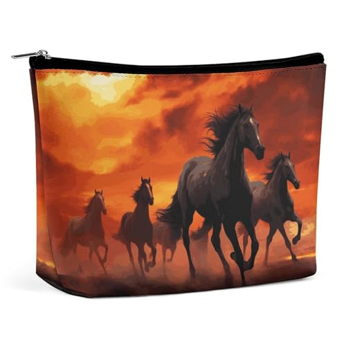 QMNVBDS Make-up-Tasche, Motiv: Pferde, rote leuchtende Wolken, Reise-Kulturbeutel für Damen, wasserdichte Kosmetiktasche, kleine Reißverschlusstasche, tragbare Reisetaschen für Toilettenartikel von QMNVBDS