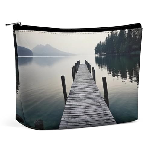 QMNVBDS Make-up-Tasche aus Holz mit Aufschrift "Jetty And Calm Lake", Reise-Kulturbeutel für Damen, wasserdichte Kosmetiktasche, kleine Reißverschlusstasche, tragbare Reisetaschen für Toilettenartikel von QMNVBDS