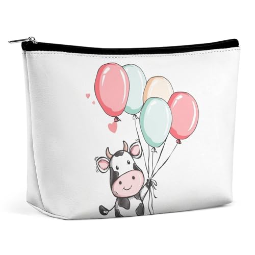 QMNVBDS Make-up-Tasche mit Ballon und Kuh, Reise-Kulturbeutel für Damen, wasserdichte Kosmetiktasche, kleine Reißverschlusstasche, tragbare Reisetaschen für Toilettenartikel, niedliche Kosmetiktasche von QMNVBDS