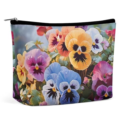 QMNVBDS Make-up-Tasche mit Stiefmütterchen-Blumen, Reise-Kulturbeutel für Damen, wasserdichte Kosmetiktasche, kleine Reißverschlusstasche, tragbare Reisetaschen für Toilettenartikel, niedliche von QMNVBDS