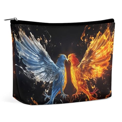 QMNVBDS Make-up-Tasche mit Vogelmotiv, Feuer und Wasser, Reise-Kulturbeutel für Damen, wasserdichte Kosmetiktasche, kleine Reißverschlusstasche, tragbare Reisetaschen für Toilettenartikel, niedliche von QMNVBDS