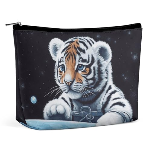 QMNVBDS Make-up-Tasche mit kleinem Tiger im Weltraum, Reise-Kulturbeutel für Damen, wasserdichte Kosmetiktasche, kleine Reißverschlusstasche, tragbare Reisetaschen für Toilettenartikel, niedliche von QMNVBDS