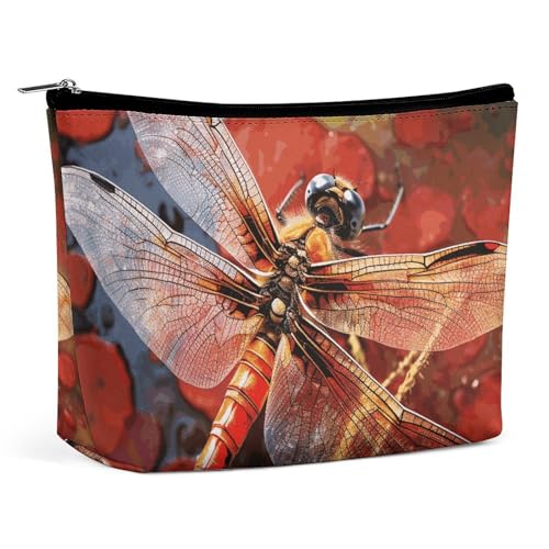 QMNVBDS Make-up-Tasche mit roter Libelle, Reise-Kulturbeutel für Damen, wasserdichte Kosmetiktasche, kleine Reißverschlusstasche, tragbare Reisetaschen für Toilettenartikel, niedliche Kosmetiktasche von QMNVBDS