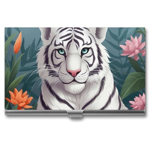 QMNVBDS Niedlicher weißer Tiger Visitenkartenhalter Slim Visitenkartenetui für Damen Herren Metall Visitenkartenbox Visitenkartenhalter für Tasche Geldbörse Kleine Visitenkartenetui Einheitsgröße, von QMNVBDS