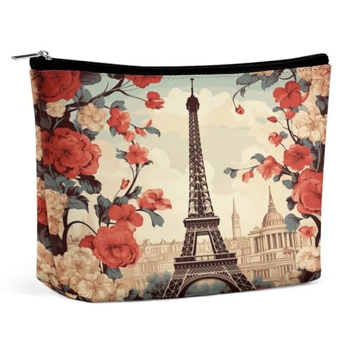QMNVBDS Paris Make-up-Tasche mit Vintage-Blumenmuster, Reise-Kulturbeutel für Damen, wasserdichte Kosmetiktasche, kleine Reißverschlusstasche, tragbare Reisetaschen für Toilettenartikel, niedliche von QMNVBDS