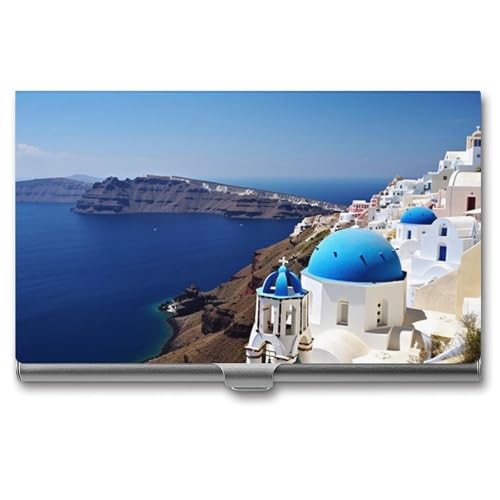 QMNVBDS Santorini Griechische Insel Meerblick Visitenkartenetui Slim Visitenkartenetui für Damen Herren Metall Visitenkartenbox Visitenkartenhalter für Tasche Geldbörse Kleine Visitenkartenetui von QMNVBDS