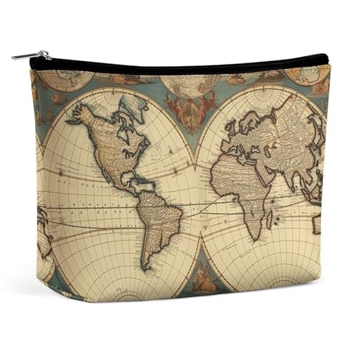 QMNVBDS Weltkarte Retro-Make-up-Tasche, Reise-Kulturbeutel für Damen, wasserdichte Kosmetiktasche, kleine Reißverschlusstasche, tragbare Reisetaschen für Toilettenartikel, niedliche Kosmetiktasche von QMNVBDS