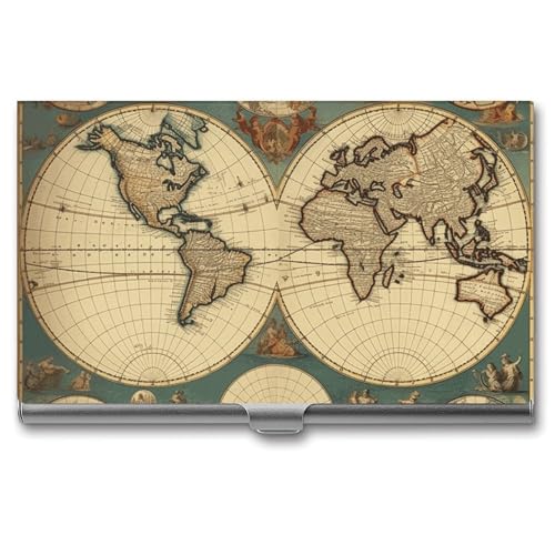 QMNVBDS Weltkarte Retro Visitenkartenetui Slim Visitenkartenetui für Damen Herren Metall Visitenkartenbox Visitenkartenhalter für Tasche Geldbörse Kleine Visitenkartenetui Einheitsgröße, Stil: von QMNVBDS