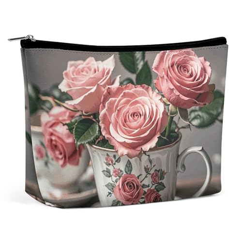 Teetassen mit Rosen, romantischer Shabby-Schminktasche, Reise-Kulturbeutel für Damen, wasserdichte Kosmetiktasche, kleine Reißverschlusstasche, tragbare Reisetaschen für Toilettenartikel, niedliche von QMNVBDS