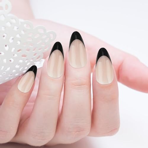 Künstliche Fingernägel, schwarz, mandelförmig, kurz, rund, oval, matt, weich, nackt, mit Nagelkleber, vollständige Abdeckung, transparent, zum Aufkleben auf Nägel für Frauen und Mädchen, 24 Stück von QOCO