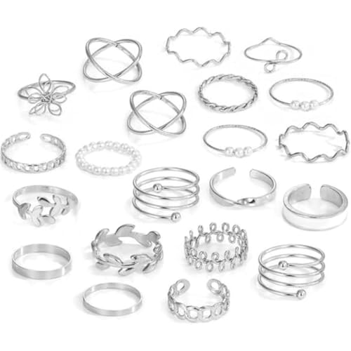 QOCUILC 21er-Pack Damenringe Edelstahlringe, silbernes, verstellbares, stapelbares Ringöffnungsset für Fingerringe für Frauen und Mädchen von QOCUILC