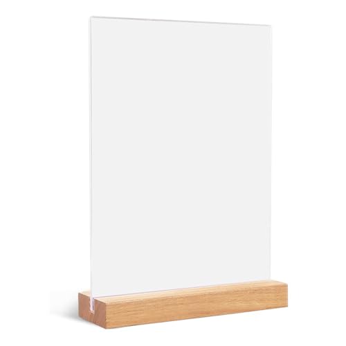 QOCUILC A5 Acryl Tischaufsteller | Doppelseitige Werbeständer | T-Ständer mit Holzsockel | Ideal für Restaurant, Hotel, Büro & Hochzeit | Transparenter Schildhalter | Professionelles Display von QOCUILC