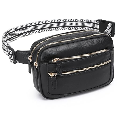 QOECI Gürteltasche für Damen und Herren, mit 5 Reißverschlusstaschen, Kunstleder-Crossbody-Tasche für Damen, trendige, modische Hüfttasche, verstellbare Riemen, Umhängetasche, Brusttasche, Schwarz von QOECI